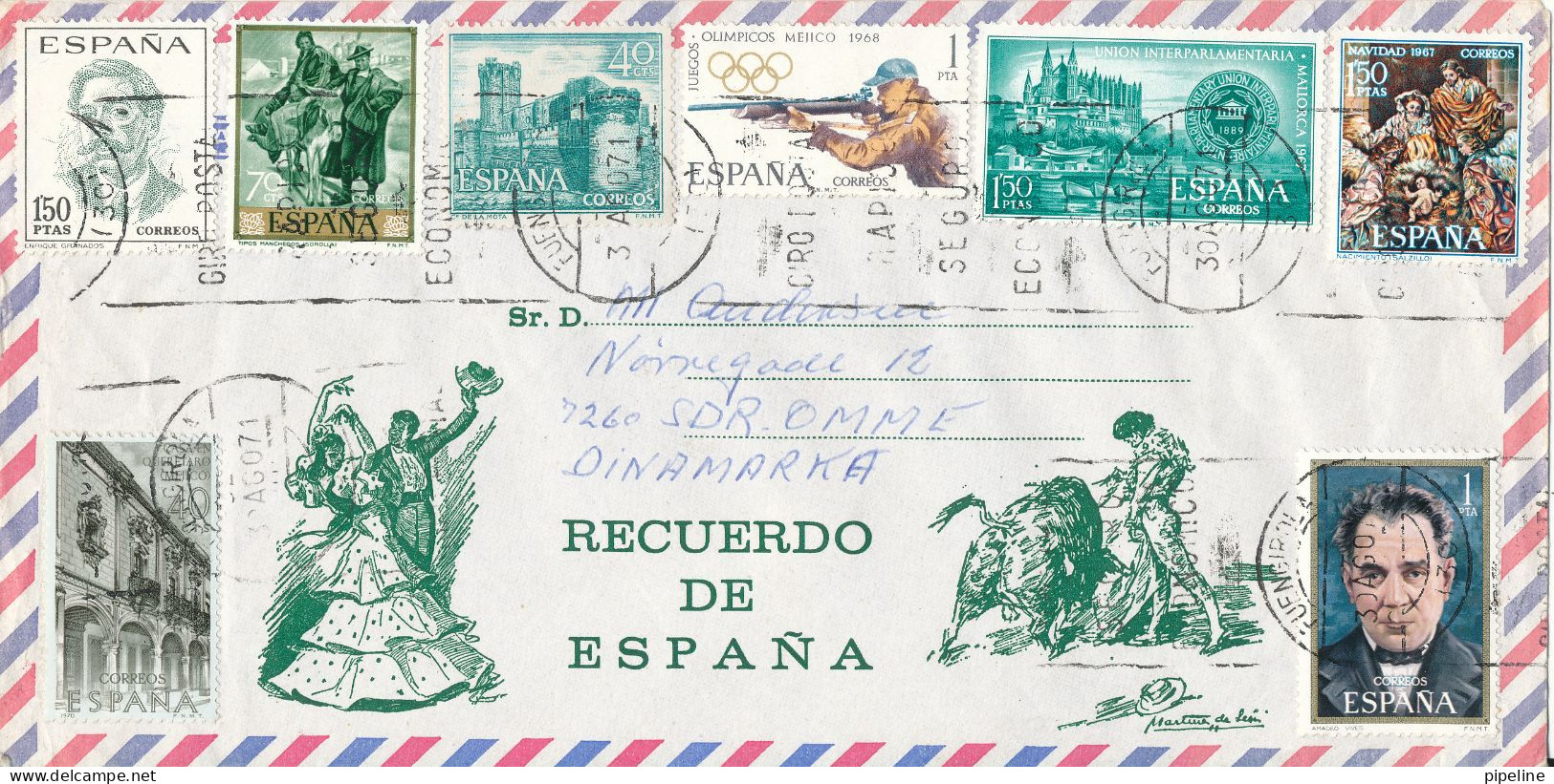 Spain Air Mail Cover Sent To Denmark Fuengirola 3-8-1971 With A Lot Of Stamps - Brieven En Documenten