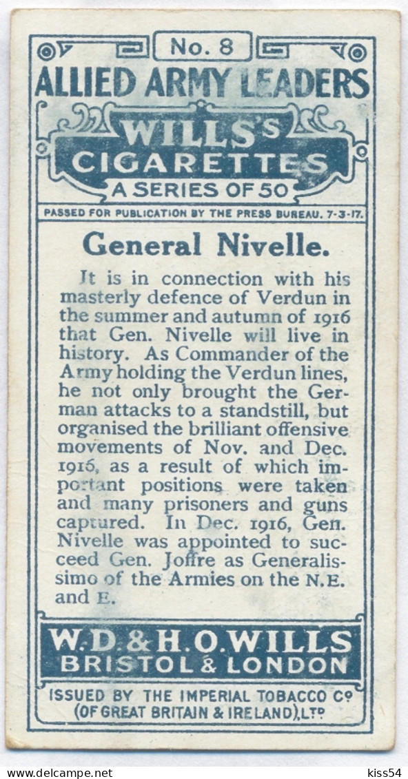 CT 00 - 8 FRANCE, General Robert Georges Nivelle, Allied Army Leader - Old Wills's Cigarettes - 68/35 Mm - Wills