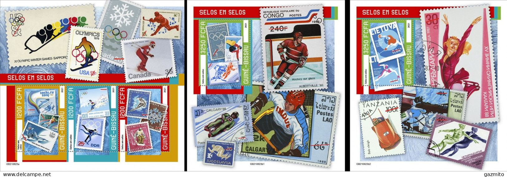 Guinea Bissau 2021, Olympic Winter Stamps, Hockey, Skiing, 3val In BF+2BF - Hockey (Ice)