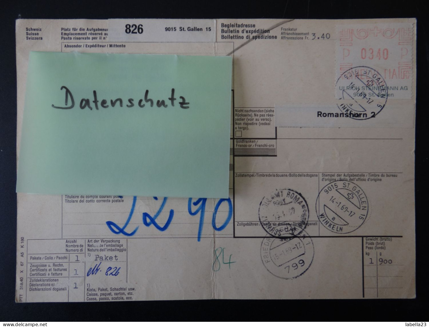 Paketschein Mit Schweiz. Freistempel - Jan.1969- St.Gallen/CH Nach Kelheim/BY - Sonstige & Ohne Zuordnung