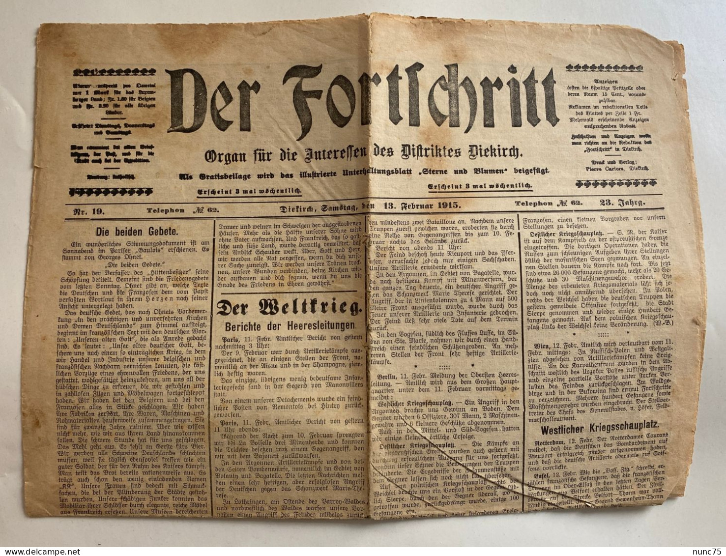 ••  NEW ••  DIEKIRCH  DER FORTSCHRITT 1915  Druck Pierre CARIERS  Luxembourg Journal Zeitung No Schroell - Diekirch