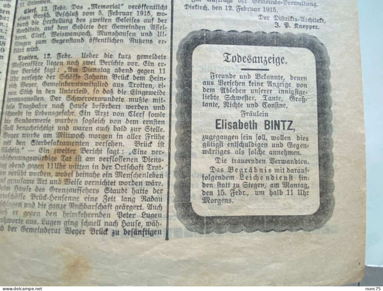 ••  NEW ••  DIEKIRCH  DER FORTSCHRITT 1915  Druck Pierre CARIERS  Luxembourg journal Zeitung no Schroell