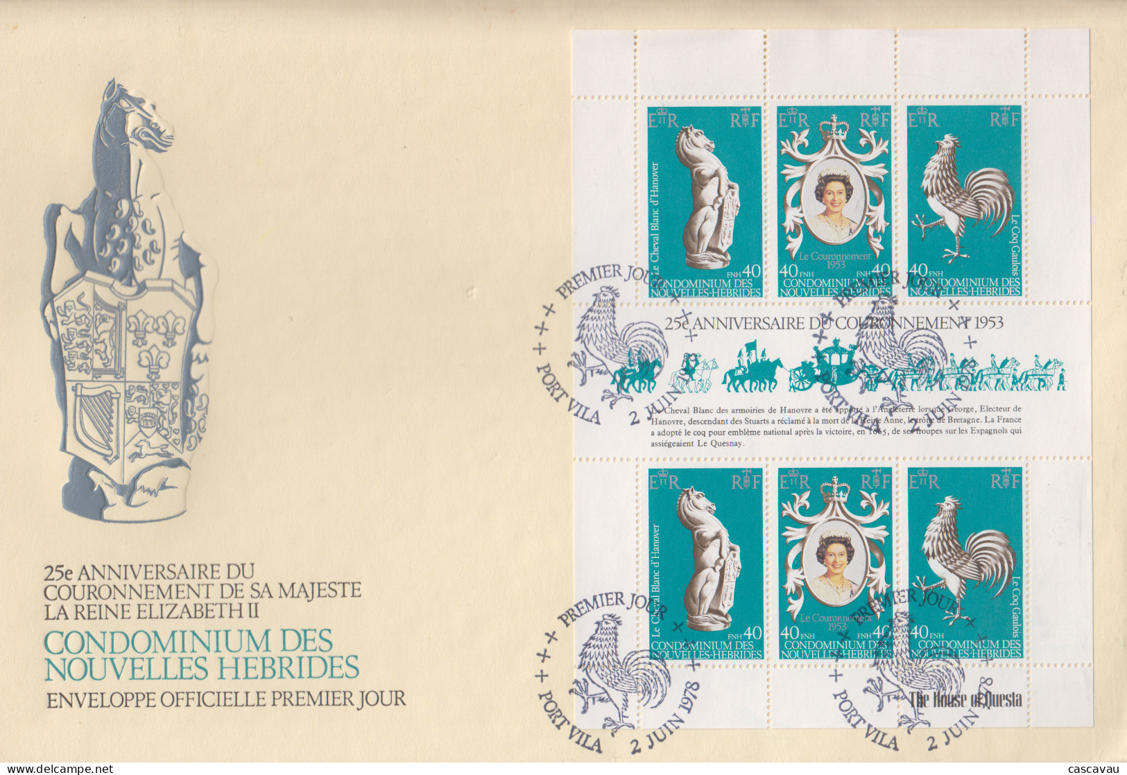 Enveloppe  FDC  1er Jour   NOUVELLES  HEBRIDES   Bloc  Feuillet   25éme  Anniversaire  Couronnement  De  La  Reine  1978 - FDC