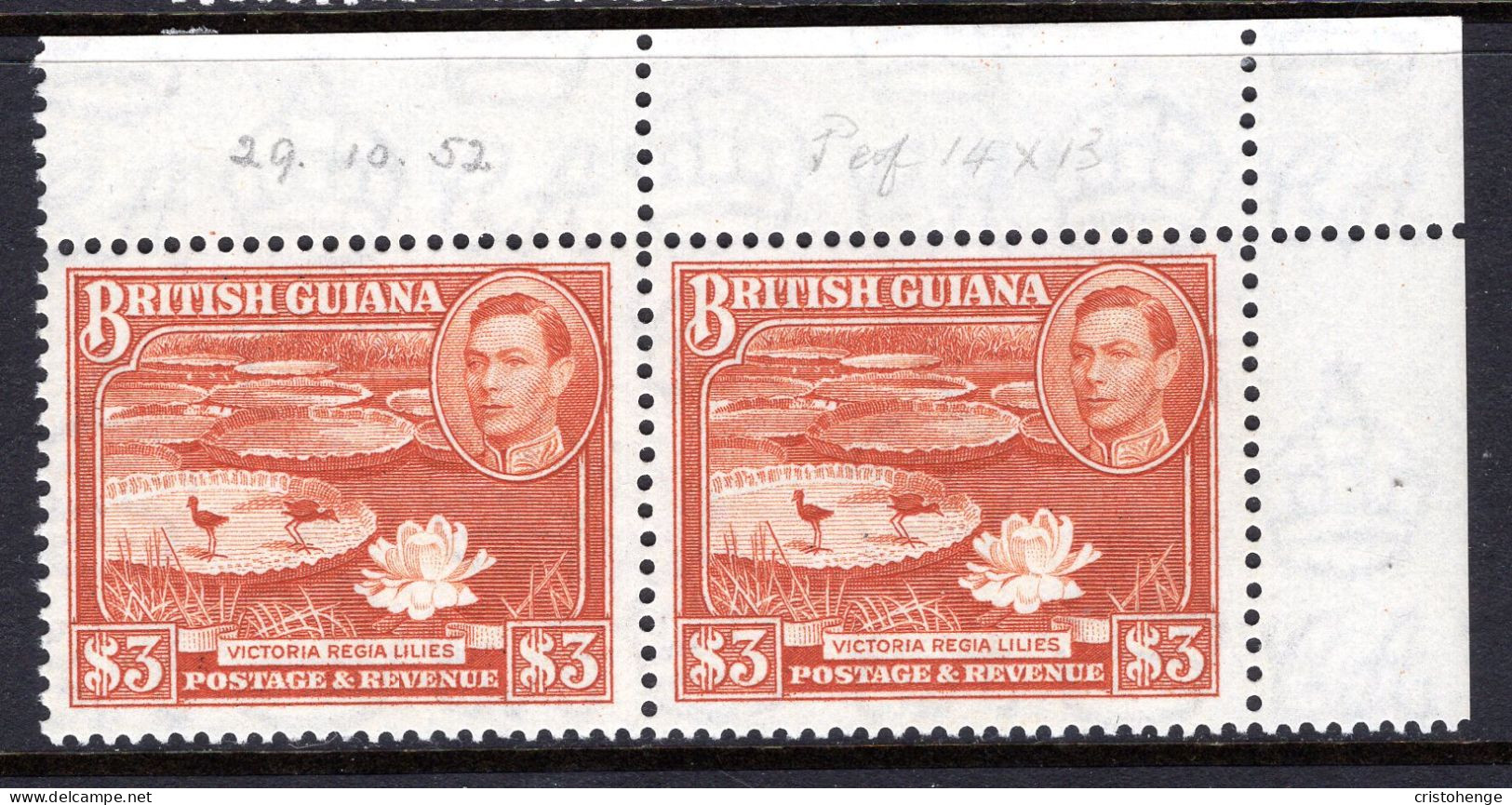 British Guiana 1938-52 KGVI Pictorials - $3 Water Lilies - P.14 X 13 Pair LHM In  Margin (SG 319b) - British Guiana (...-1966)