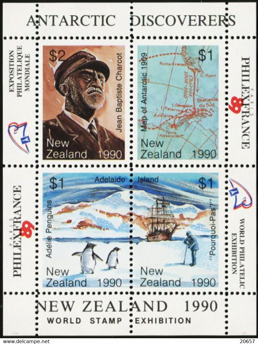 Nouvelle-Zélande New Zealand 1989 Philexfrance Expeditions Antarctiques, World Stamp Expo, Jean-Baptiste Charcot - Other & Unclassified