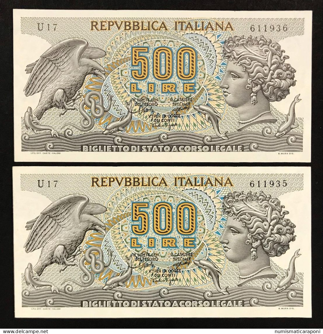 500 Lire Aretusa 1967 2 Es. Consecutivi Fds   LOTTO 4199 - 500 Lire