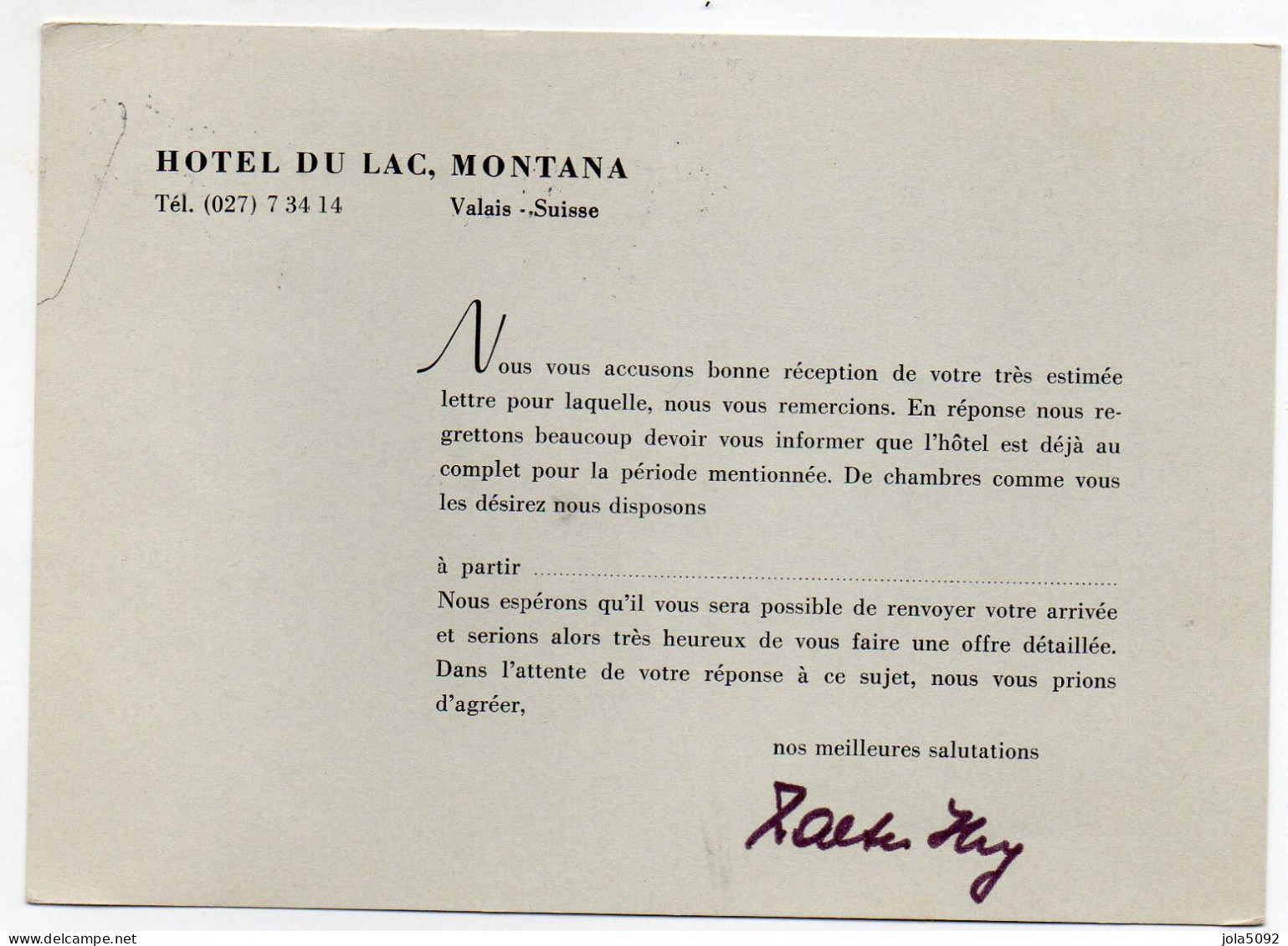 1970 - Carte De L'Hôtel Du Lac à MONTANA - Poststempel