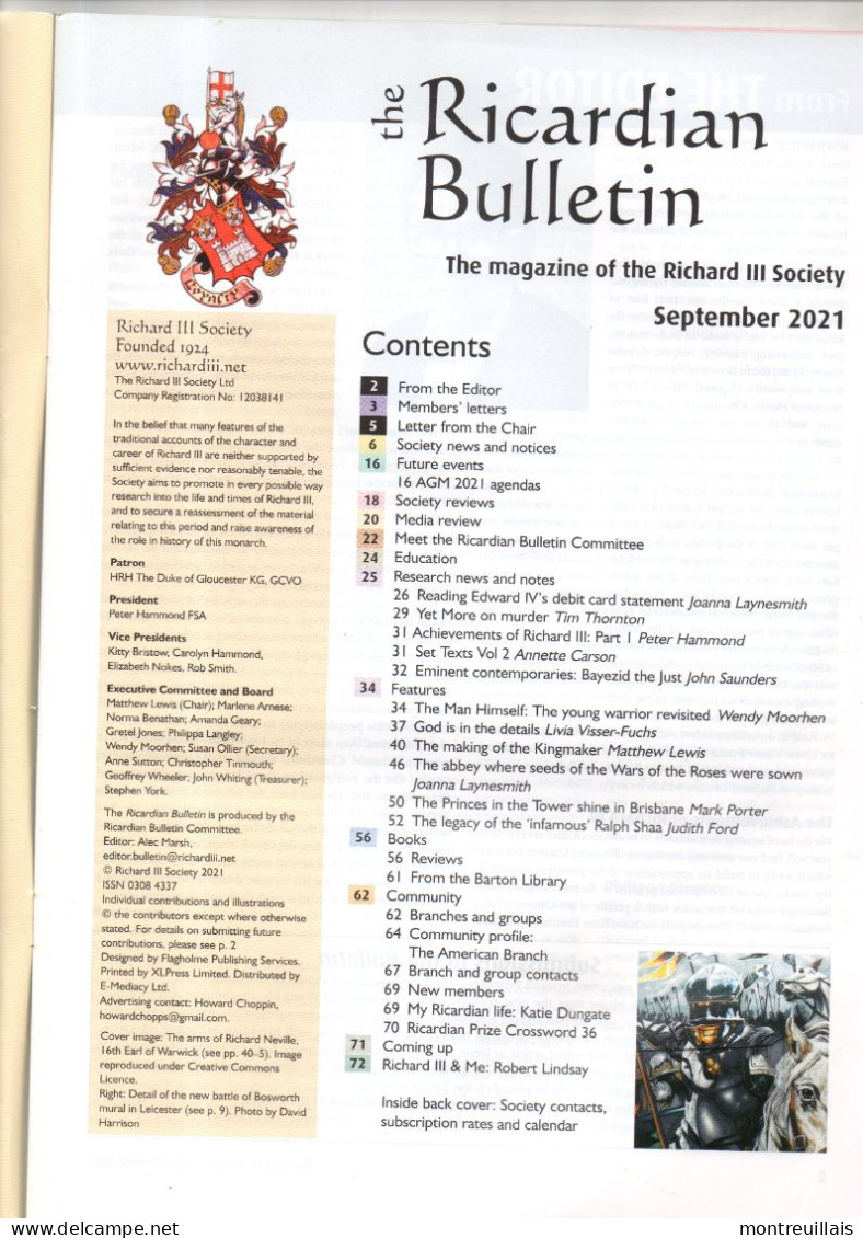 Bulletin RICARDIAN, Magazine Of The Richard III Sociéty, De 2021, 74 Pages, Warwick The Kingmaker - Europe