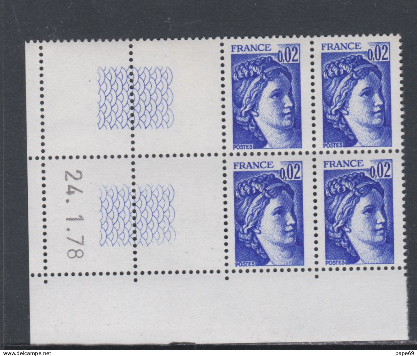 France N° 1963 Type Sabine : 2 C. Bleu-violet  En Bloc De 4 Coin Daté  Du  24. 1 . 78 ; Sans Trait, Sans Charnière, TB - 1970-1979