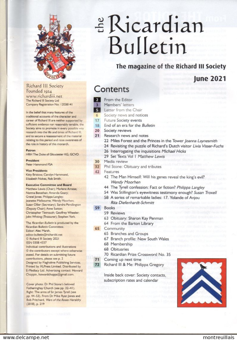 Bulletin RICARDIAN, Magazine Of The Richard III Sociéty, De 2021, 74 Pages, Tribute To Phil Dtone - Europe