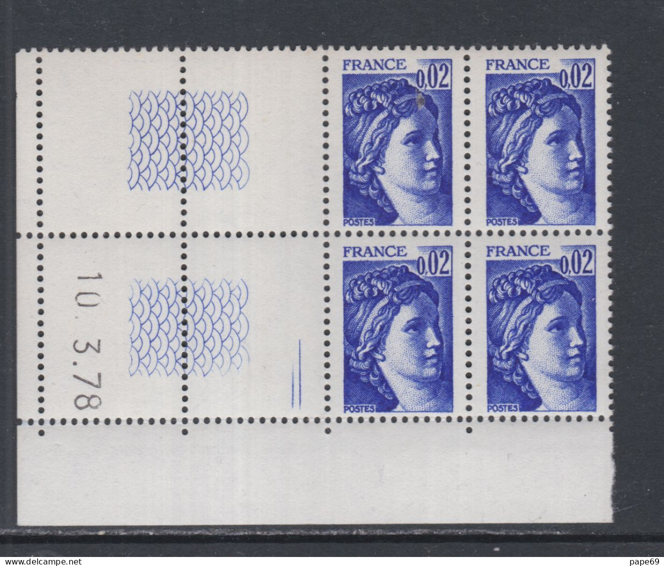 France N° 1963 Type Sabine : 2 C. Bleu-violet  En Bloc De 4 Coin Daté  Du  10. 3 . 78 ; 2 Traits, Sans Charnière, TB - 1970-1979