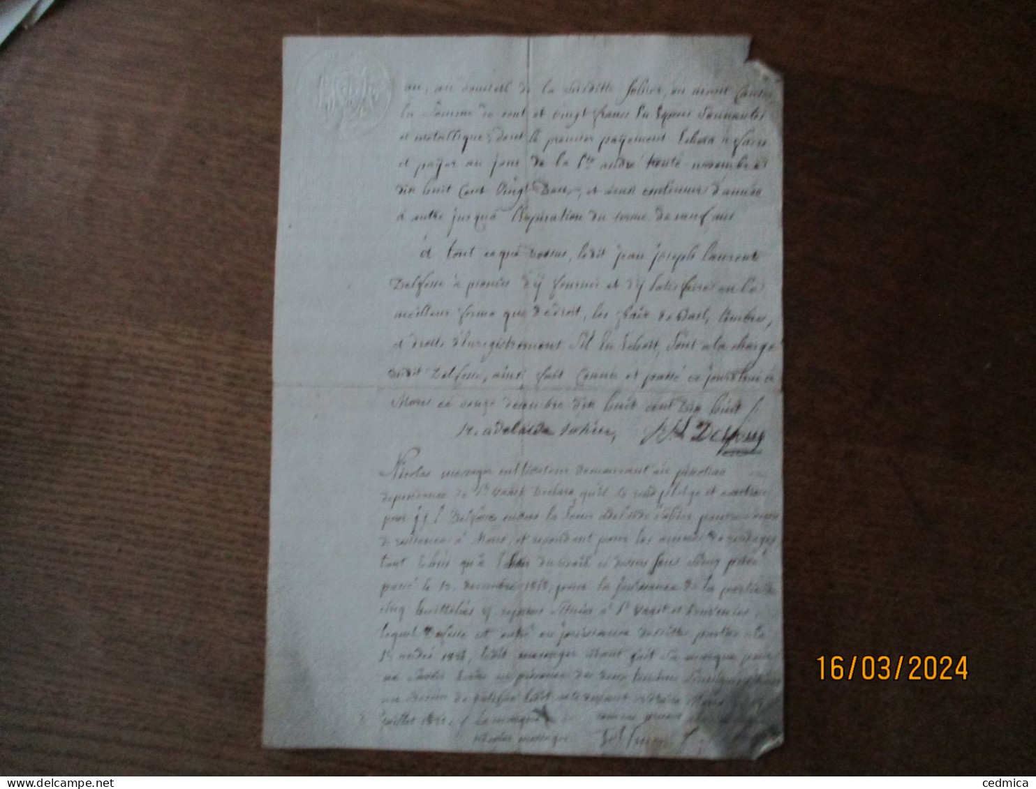 12 DECEMBRE 1818 LE SOUSSIGNE DECLARE AVOIR REPRIS A FERME DE SOEUR ADELAÏDE SOHIER PAUVRE SOEUR DE RESIDENCE A MONS CAC - Manuscrits
