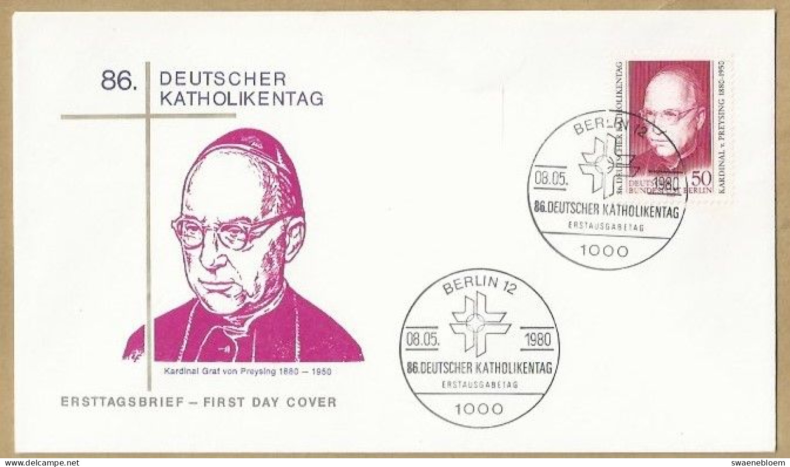 DE.- ERSTTAGSBRIEF. DEUTSCHER KATHOLIKENTAG. KARDINAL GRAF VON PREYSING. ERSTAUSGABE 08.05.1980. BERLIN 12. FDC. - 1971-1980