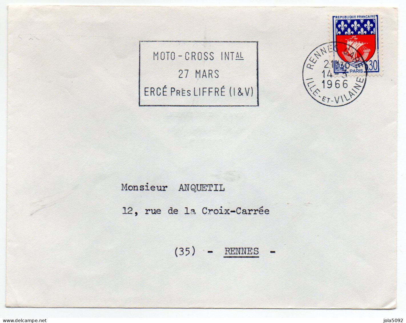 1966 - RENNES GARE - Moto-Cross International ERCE Près LIFFRE - Aushilfsstempel