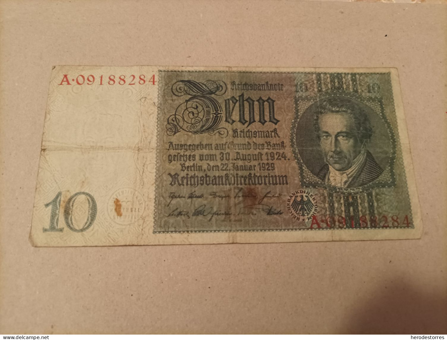 Billete Alemania, 10 Mark, Año 1929, Serie A, Con Resello En Seco - To Identify