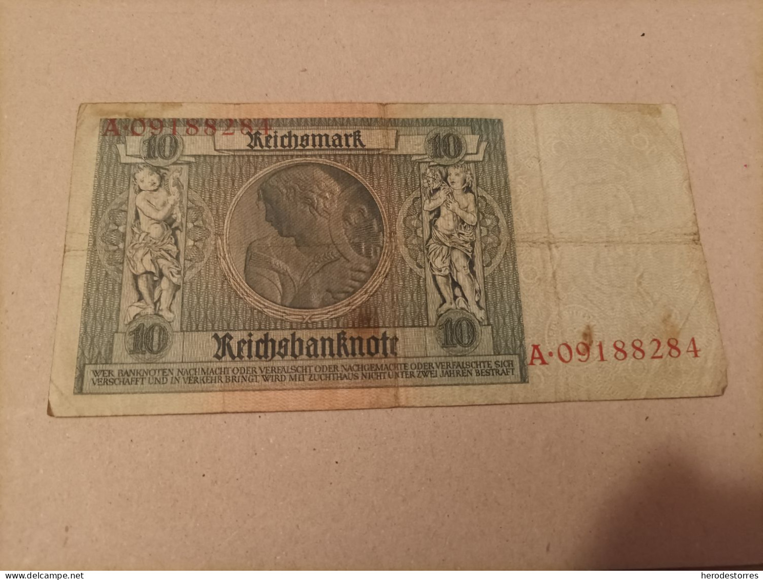 Billete Alemania, 10 Mark, Año 1929, Serie A, Con Resello En Seco - A Identificar