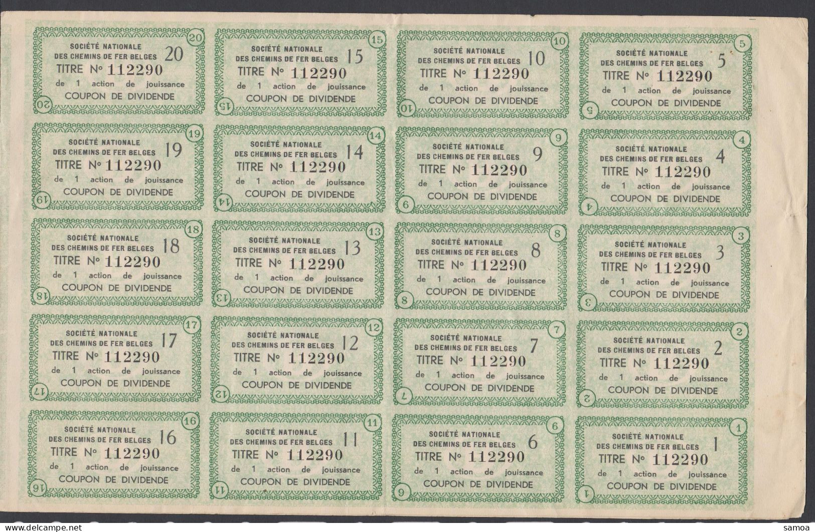 Société Nationale Des Chemins De Fer Belges Titre De 1 Action De Jouissance Du 1er Septembre 1937 (20 Coupons) - Ferrovie & Tranvie