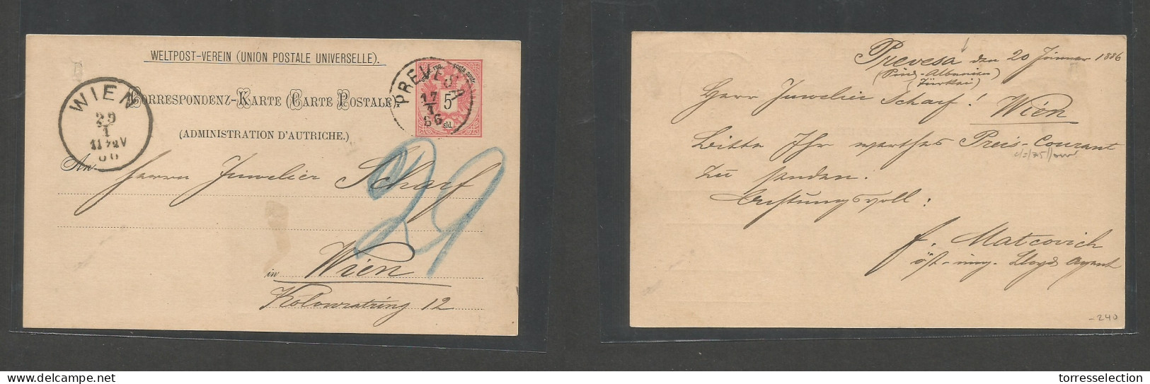 ALBANIA. 1886 (17-20 Jan) Austrian Levant PO, Turkish Admin, Prevesa - Austria, Wien (29 Jan). 5 Sld Rose Stat Card, Dep - Albania