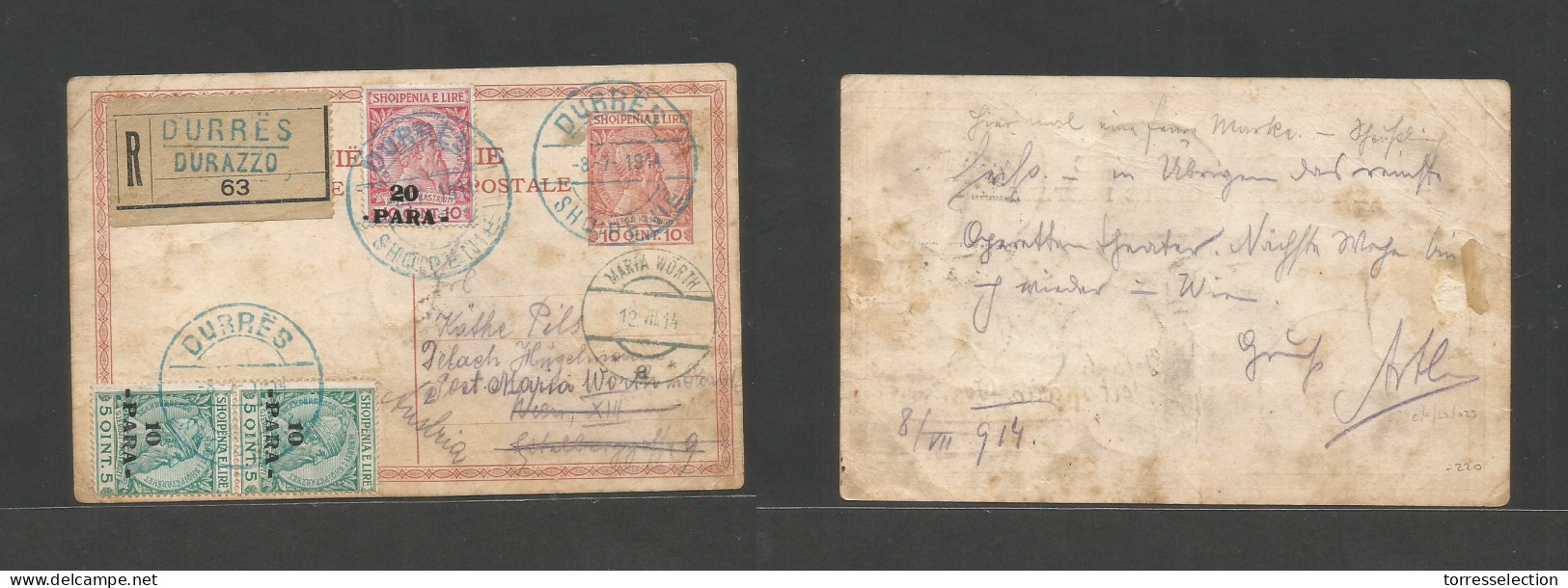 ALBANIA. 1914 (8 July) Durres, Durazzo - Austria, Maria Worth (12 July) Registered 10c Rose Stat Card + 3 Adtls, Tied Bl - Albania