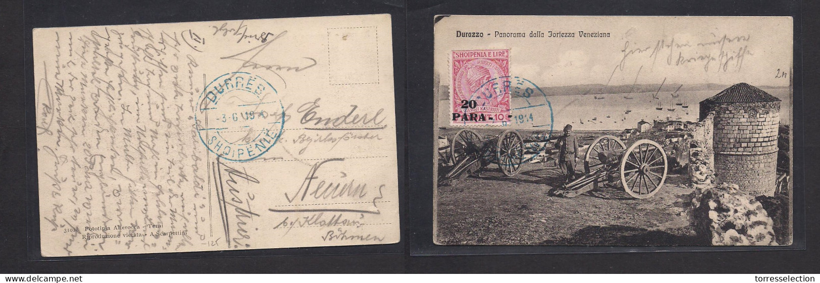 ALBANIA. 1914 (3 June) Durres - Neueen, Austria, Bohemia. Rare Fkd Photo Card Camons, Venezia Castle. Rarity Comercial M - Albania