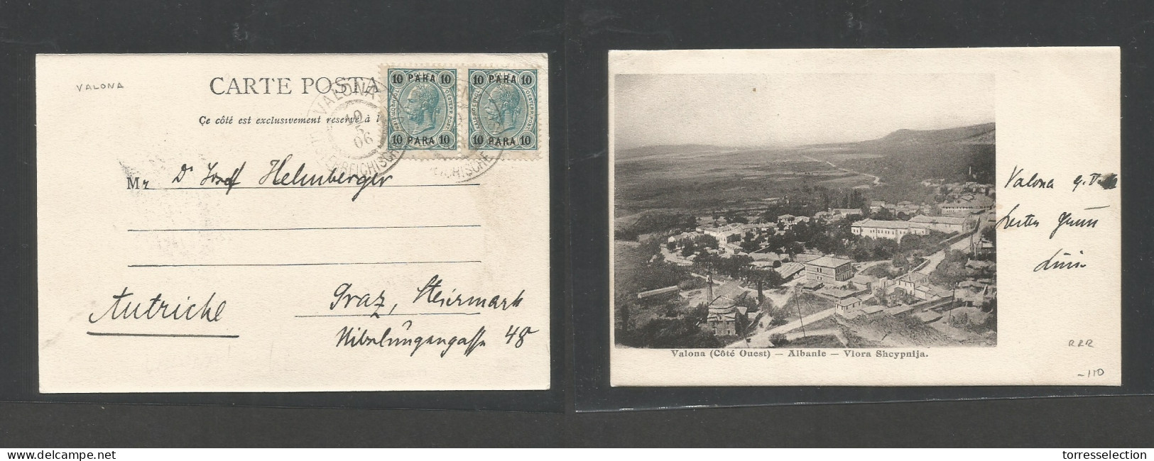 ALBANIA. 1906 (10 May) Austrian Levant PO, Valona - Austria, Graz. Multifkd Ppc At 20p Rate, Cds. VF Better Usage. Bilin - Albania