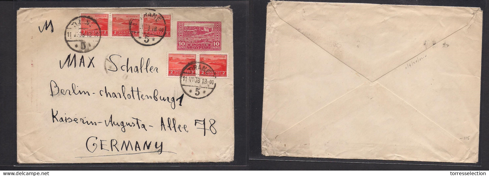 ALBANIA. 1938 (11 June) Tirane - Germany, Berlin. 10q Red Stationary Envelope + For Adtl, Tied Cds. Scarce Usage. - Albania