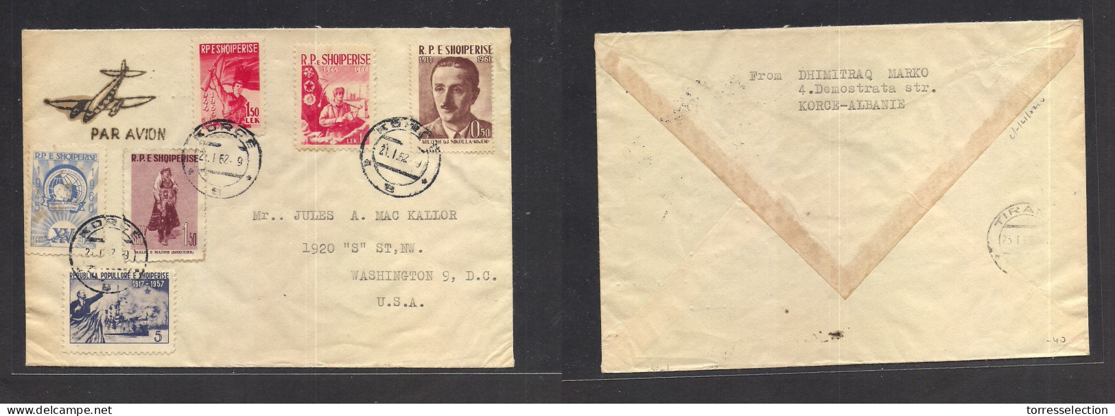 ALBANIA. 1962 (21 Jan) Korce - USA, Washington DC. Air Multifkd Env. Diff Issues. Fine. Via Tirana (23 Jan) - Albania