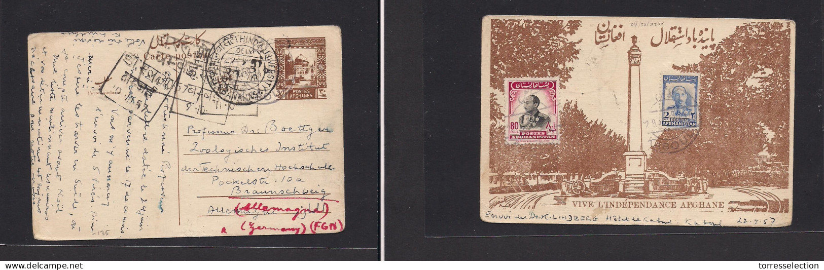 AFGHANISTAN. 1957 (22 Sept) Kaboul - Germany, Braunschweig. 30p Brown Illustrated Stationary Ppc + Reverse Fkd + Transit - Afghanistan