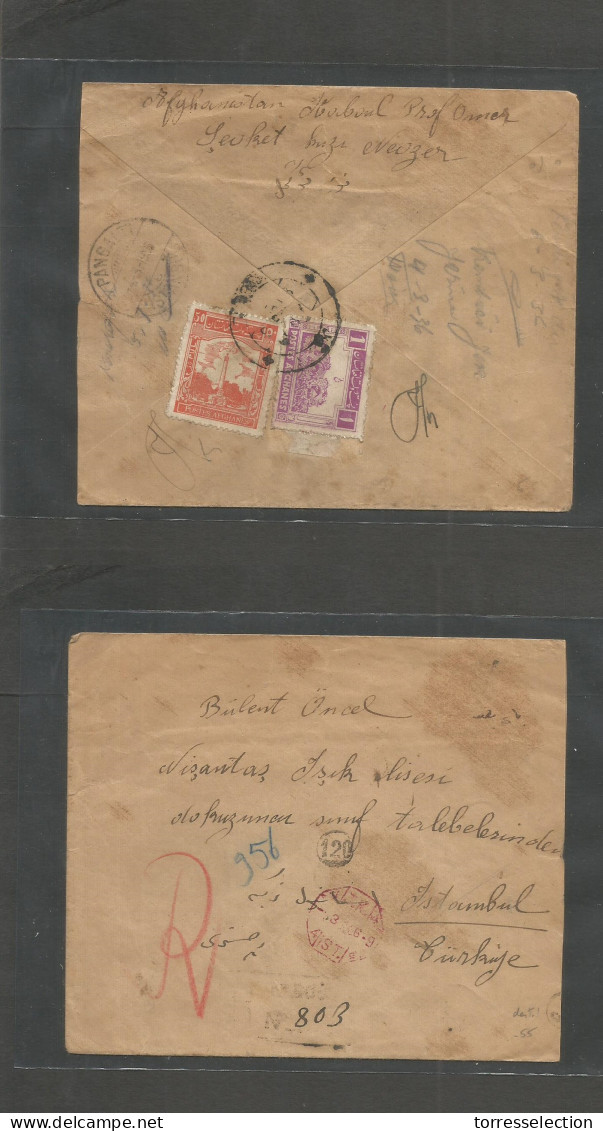 AFGHANISTAN. 1936 (Feb) Kaboul - Turkey, Pangalti (4 March) Registered Reverse Multifkd Envelope + R-cachet + Arrival Ma - Afghanistan