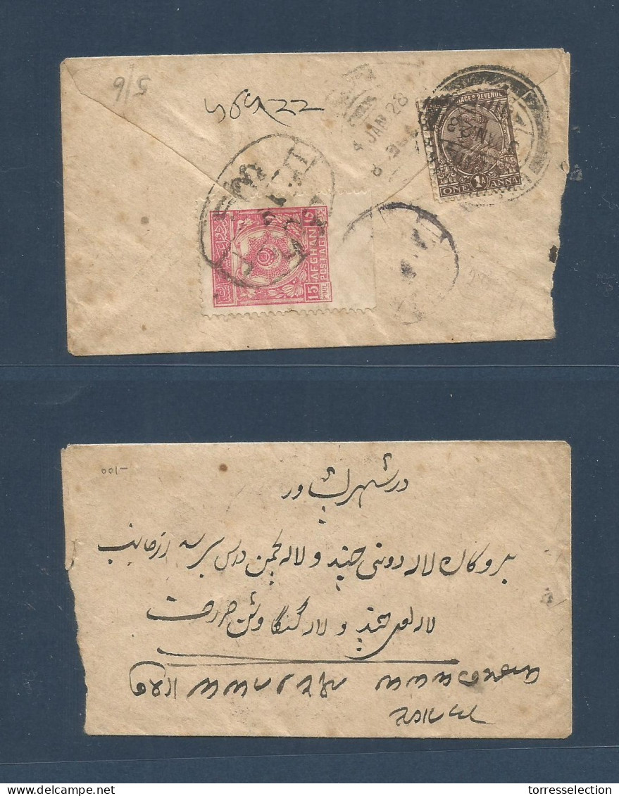 AFGHANISTAN. 1928 (3 Jan) Kawandana, India - Kabul. Fkd Env + Arrival Local Stamp Tied Oval Cancel. Fine Combination. - Afganistán