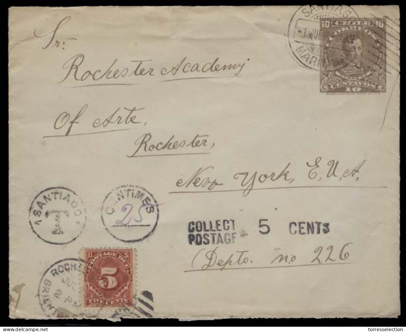 . 1911. Stgo - USA / NY. 10c Brown Stat Env, Taxed + US 5c Postage Due Tied + Aux Marks. Fine. - Afghanistan