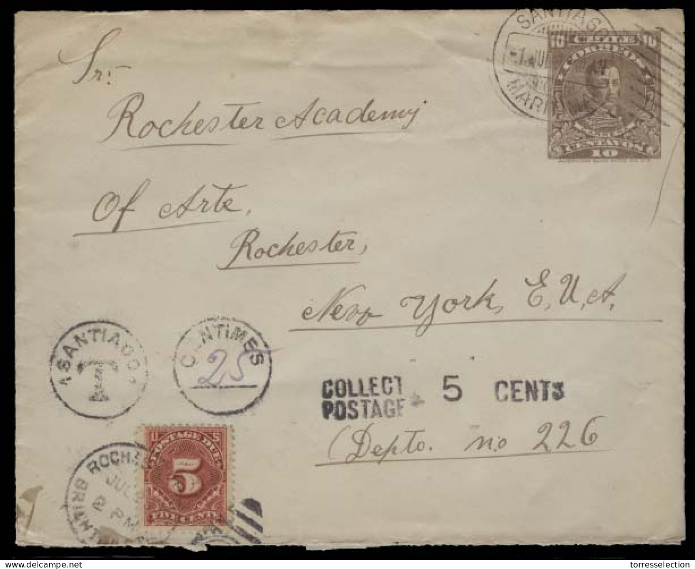 . 1911. Stgo - USA / NY. 10c Brown Stat Env, Taxed + US 5c Postage Due Tied + Aux Marks. Fine. - Afganistán