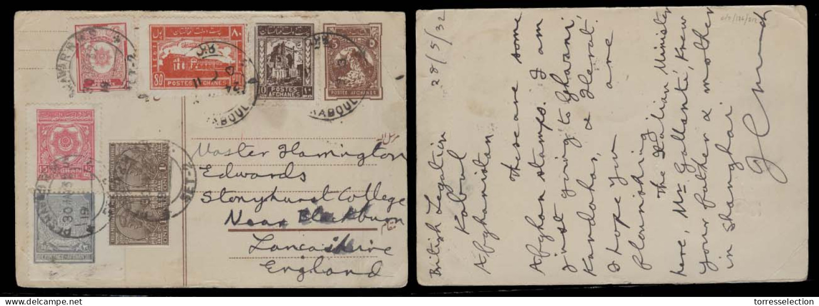 AFGHANISTAN. 1932 (28 May). Kaboul - UK / Lancashire. 5p Brown Stat Card + 7 Adtls Incl India British 1a Pair Comb At Re - Afghanistan