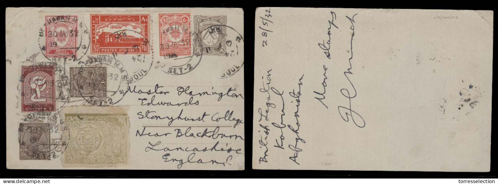 AFGHANISTAN. 1932 (30 May). Kaboul - UK / Lancashire. 8p Brown Stat Card + 7 Adtl, Incl British India 1o X2 Cancelled At - Afghanistan