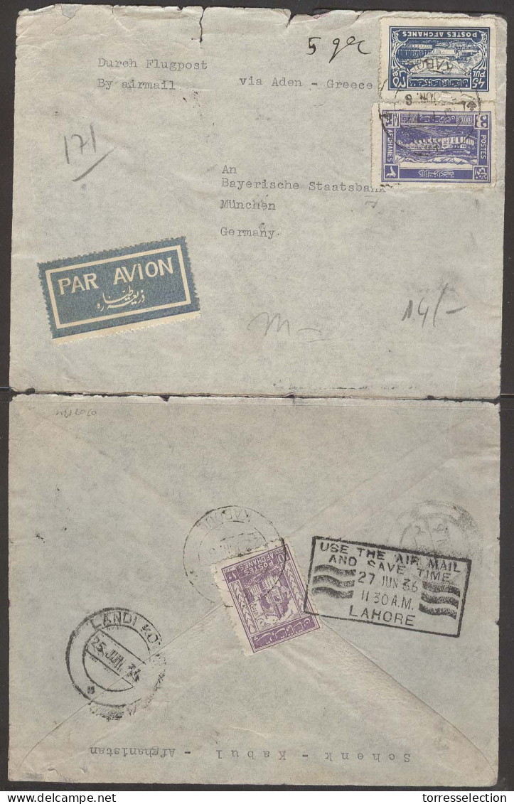 AFGHANISTAN. 1936 (6 June). Kaboul - Lahore / Pakistan - Germany. Air Multifkd Opened Out Env. Via Aden - Greece - Landi - Afghanistan