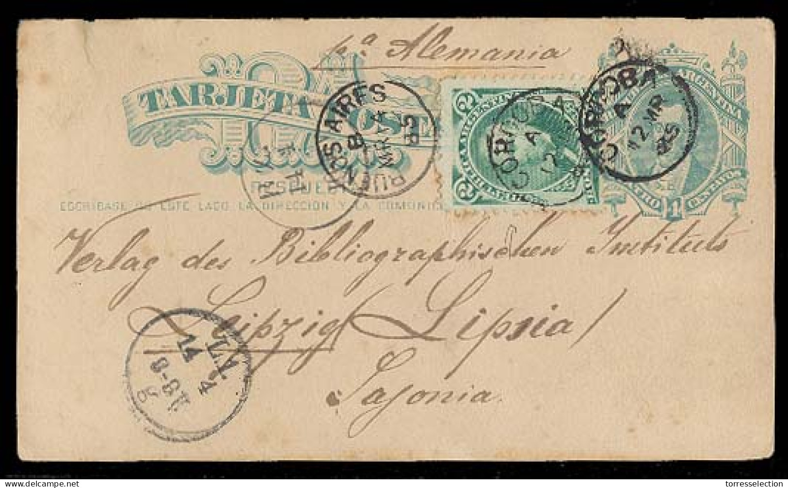 Argentina - Stationery. 1888. Cordoba - Germany / Sajonia. 4c Green Stat Card + Adt 2c / Cds. XF + Scarce Overseas Usage - Autres & Non Classés