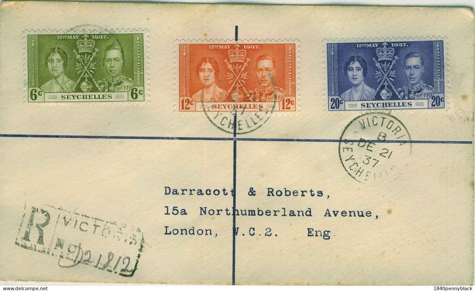 SEYCHELLES  KGVI 1937 Coronation SG  132-4 On Registered Cover To London - Seychelles (...-1976)