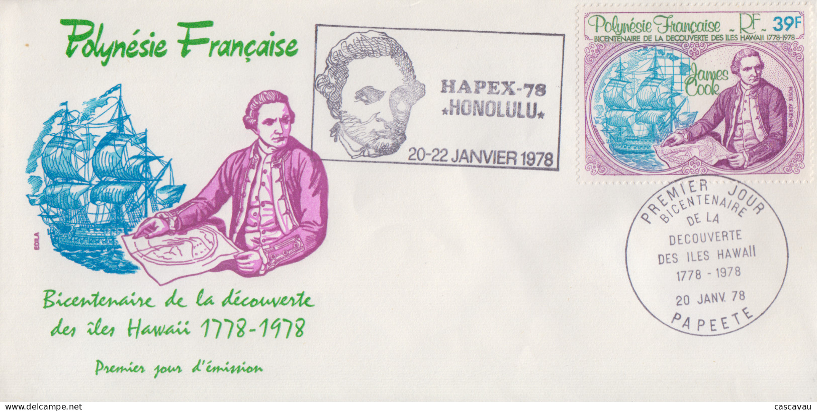 Enveloppe  FDC   1er  Jour   POLYNESIE   James  COOK   Bicentenaire   Découverte  Des   ILES   HAWAII    1978 - FDC