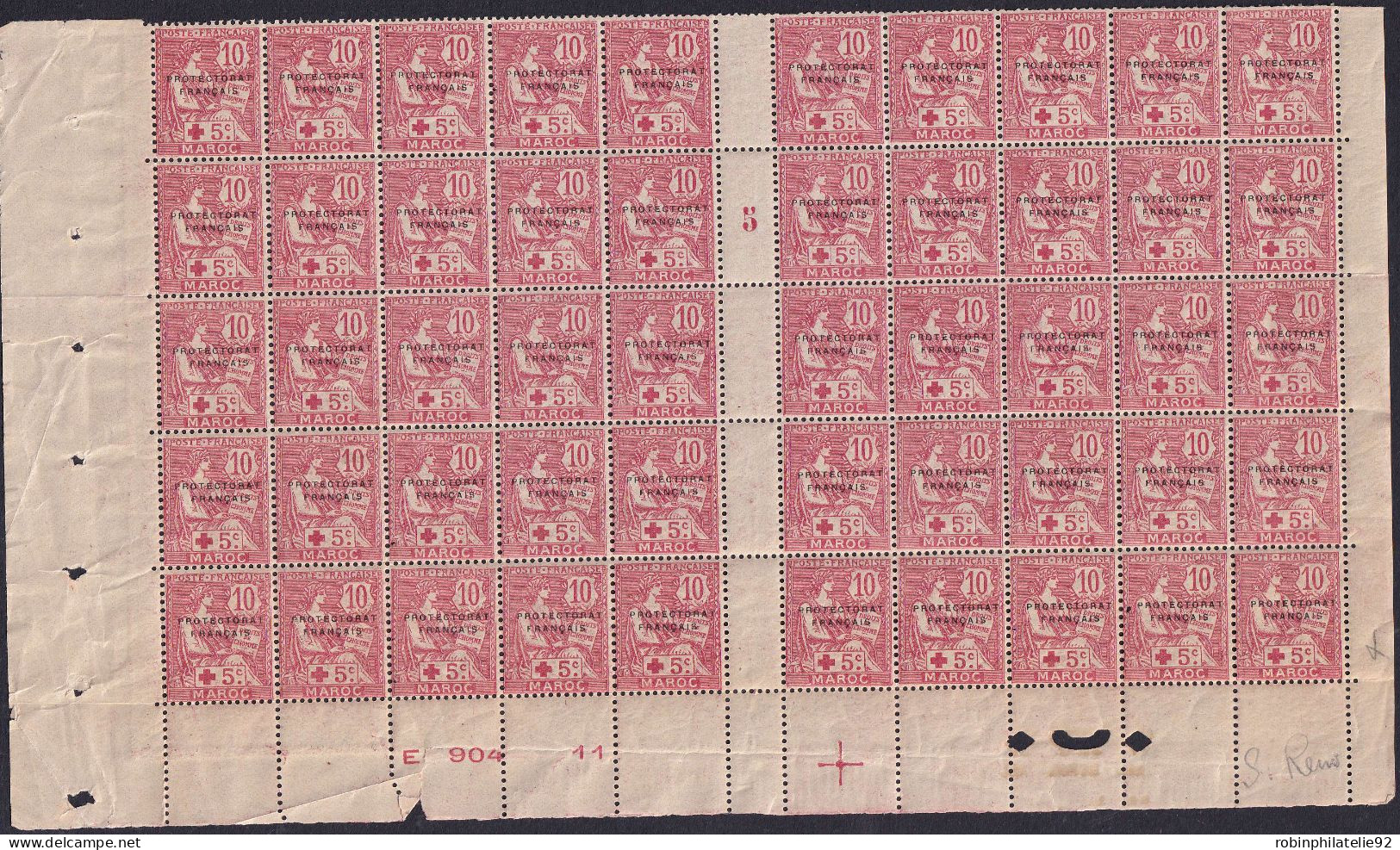 Maroc  N°60  10c+ 5c Mouchon Panneau De 50 Timbres (case 50 "s" Renversé) Qualité:** - Altri & Non Classificati