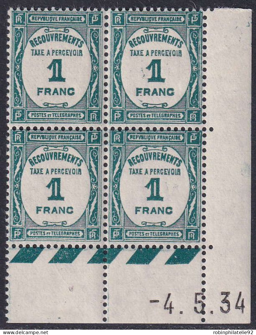 France Coins Datés Taxes N°60 1f Bleu-vert 4-5-34 Qualité:** - Postage Due