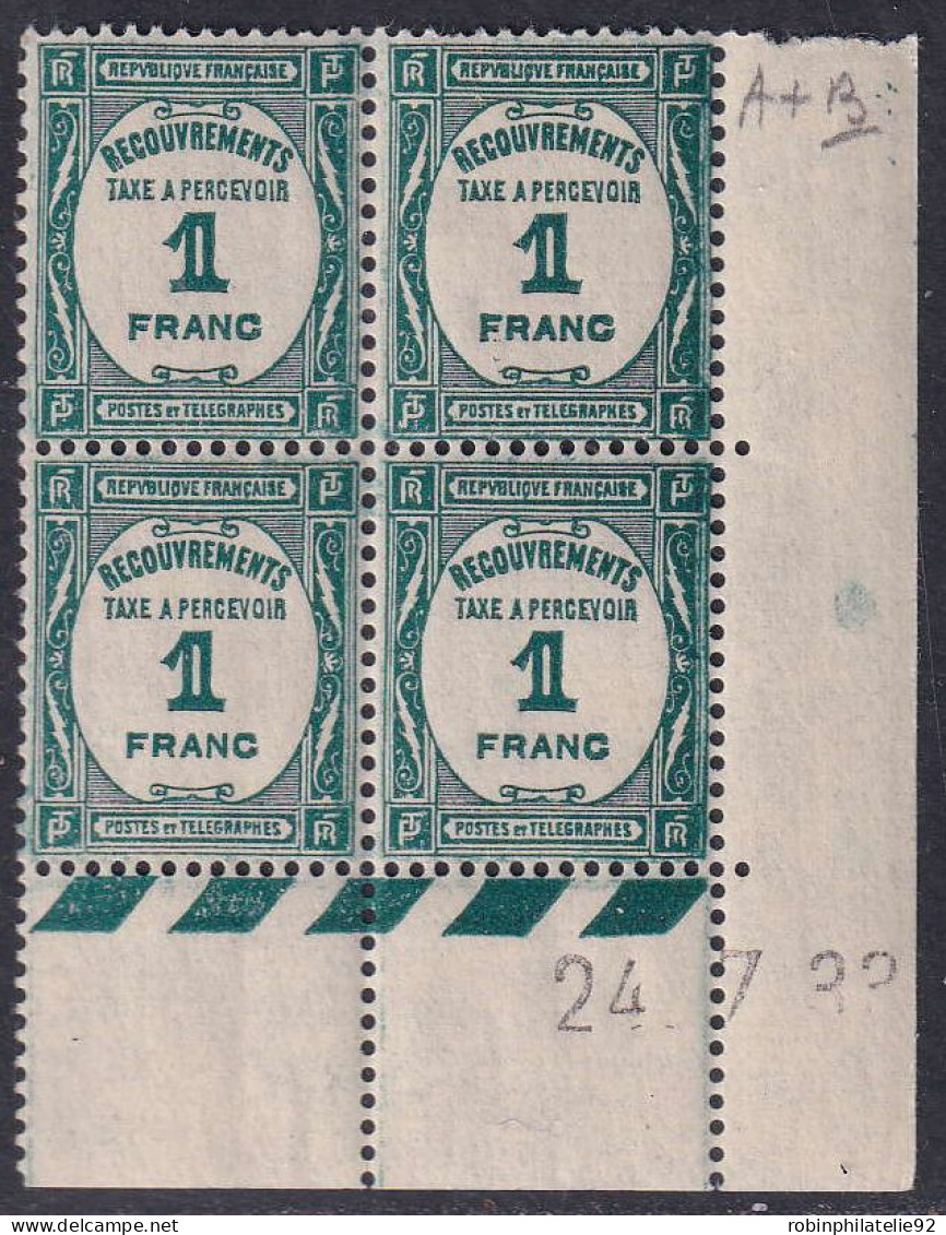 France Coins Datés Taxes N°60 1f Bleu-vert 24-7-33 Qualité:** - Postage Due