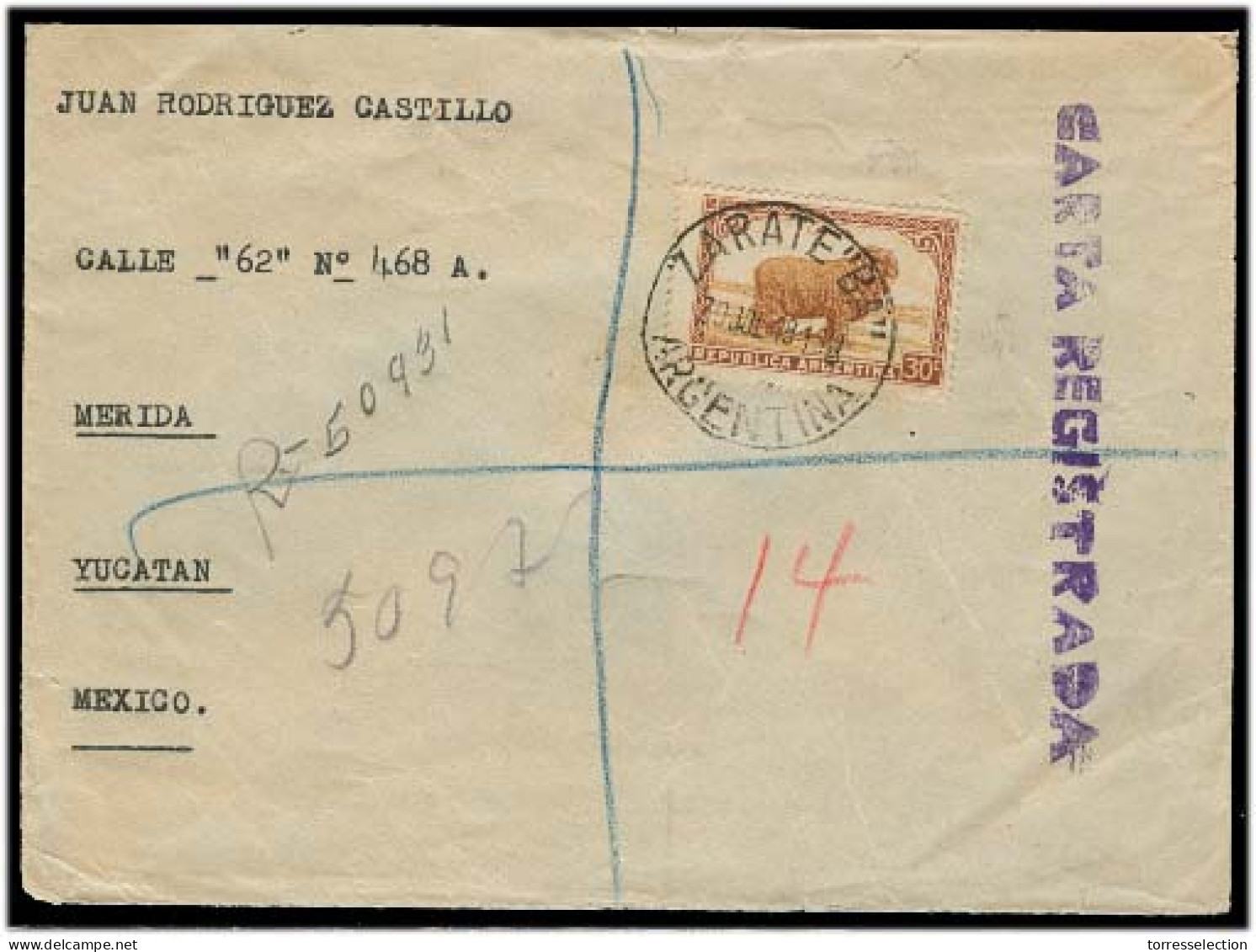 Argentina - XX. 1948. Zarate "BA" - Mexico / Yucatan. Reg Fkd Env. Scarce Usage + Dest. Arrival Ds + Aux Mark. VF Appeal - Autres & Non Classés