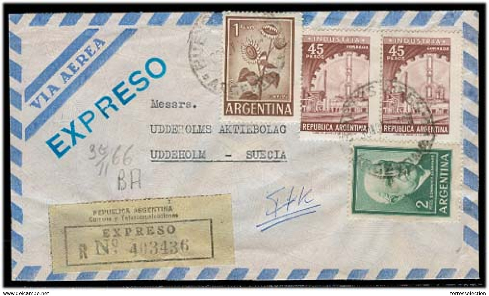 Argentina - XX. 1956. BA - Sweden. Reg Air Express Multifkd Env. Rate + Scarce Label. VF. - Autres & Non Classés