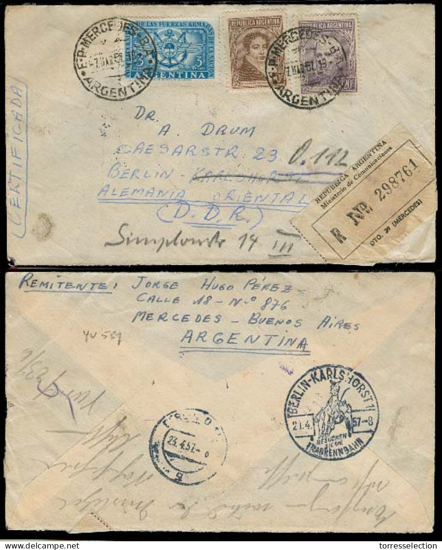 Argentina - XX. 1957 (7 March). Mercedes - DDR / East Germany. Reg Tricolor Fkd Env. VF. Special Cachet Reverse Berlin T - Autres & Non Classés