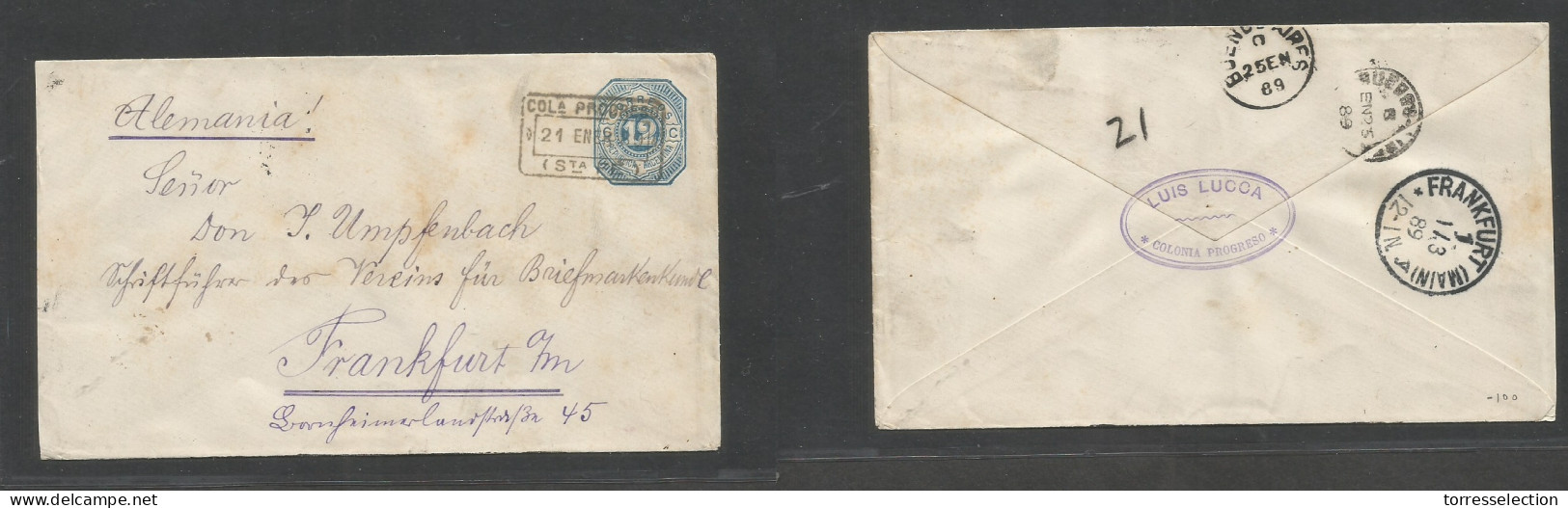 Argentina - Stationery. 1889 (21 Ene) Colonia Progreso, Santa Fe - Germany, Frankfurt (1 March) 12c Light Blue Stationar - Autres & Non Classés