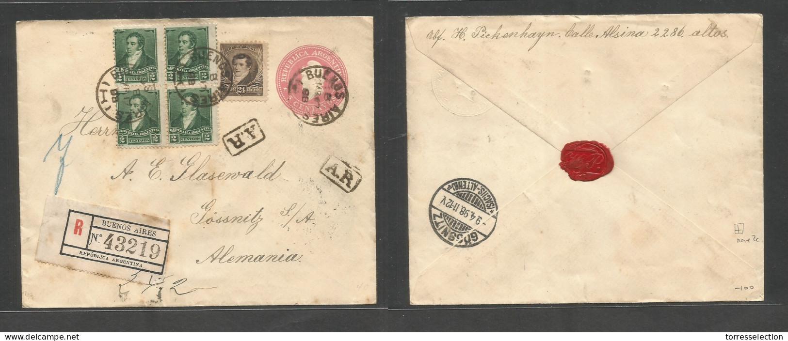 Argentina - Stationery. 1898 (17 Marzo) Buenos Aires - Germany, Gossnitz (9 April) Registered AR Multifkd Mixed Issues I - Autres & Non Classés