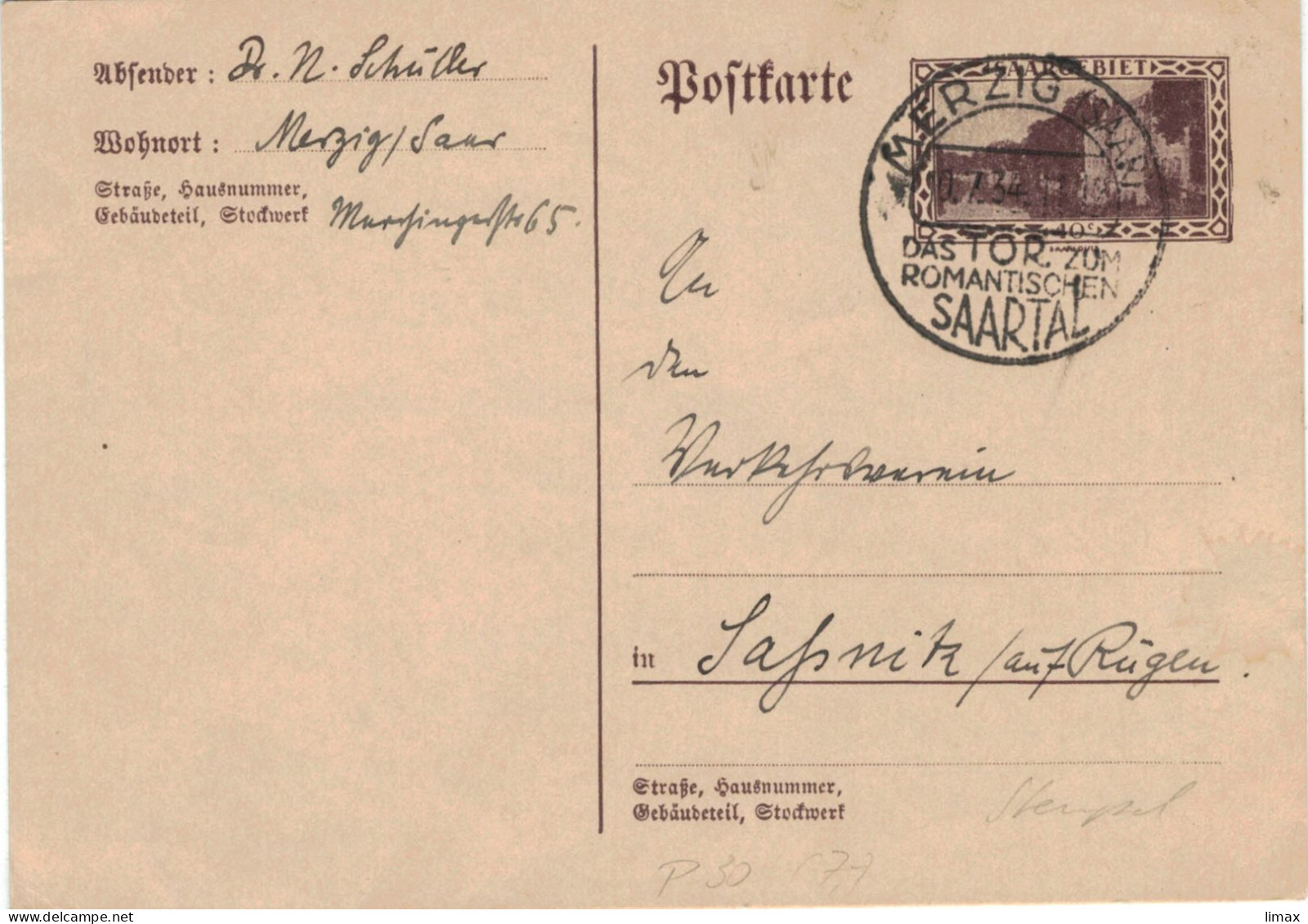 Ganzsache Dr. Schüller Merzig 1934 > Sassnitz Auf Rügen - SST Tor Romantisches Saartal - Prospekt Zwecks Urlaub - Enteros Postales