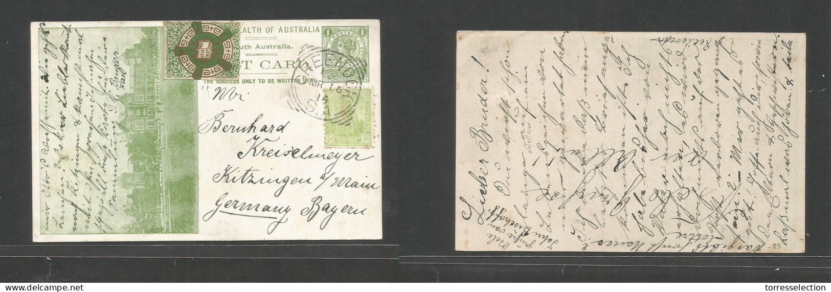 AUSTRALIA. 1914 (16 March) SA, Greenock - Germany, Kitzingen. Fkd Illustrated 1d Green Stat Card + 1/2d Adtl + Color Gol - Other & Unclassified