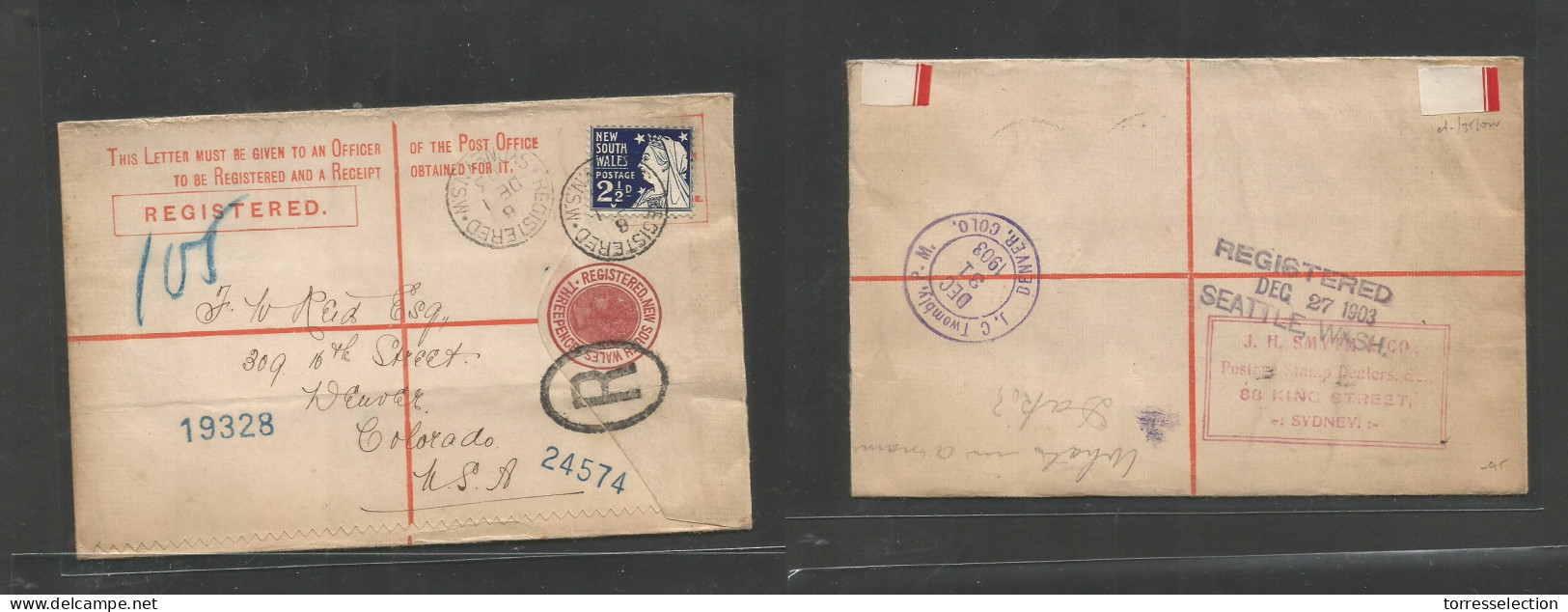 AUSTRALIA. 1903 (Dec 1) NSW Sydney - USA, CO, Denver (31 Dec) Registered 3d Red + Adtl Stationary Envelope. XF. - Other & Unclassified
