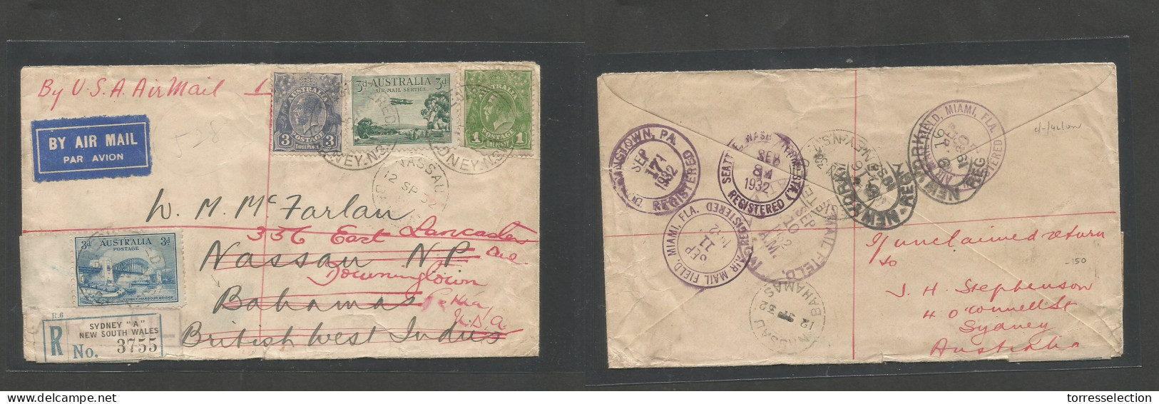 AUSTRALIA. 1932 (8 Aug) Sydney - Bahamas, Nassau, British Caribbe (12 Sept) Registered Env Multifkd Envelope, Fwded. Bet - Other & Unclassified